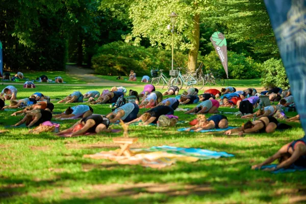 Sundowner-Yoga-Picknick im Schlossgarten: Yoga und Picknick bei hochsommerlichen Temperaturen Bild: Sundowner-Yoga-Picknick im Schlossgarten: Yoga und Picknick bei hochsommerlichen Temperaturen