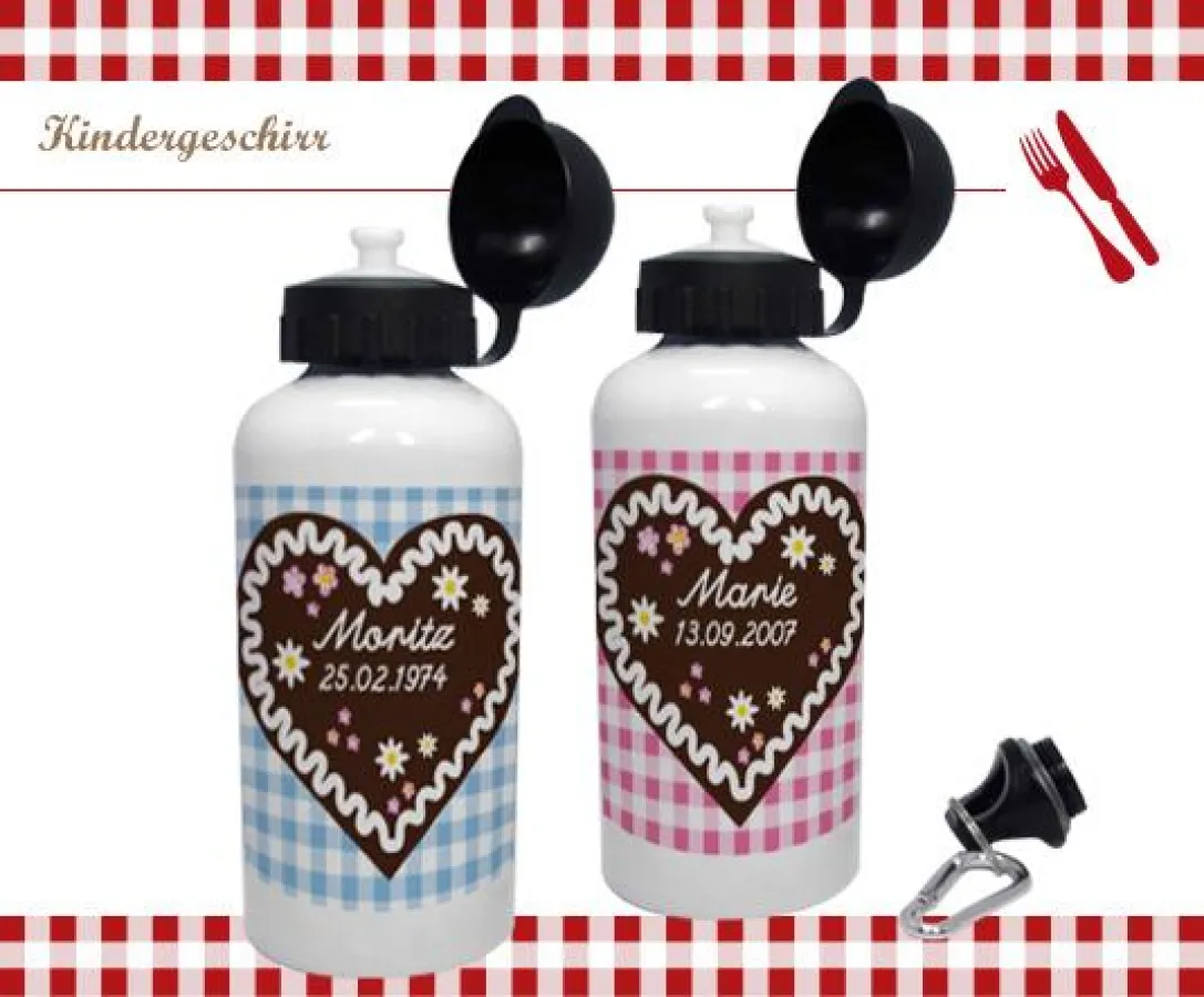 In das Lebkuchenherz können Sie auch Liebesgrüße drucken lassen. Sie erhalten diese hübschen Trinkflaschen für 16,95 €