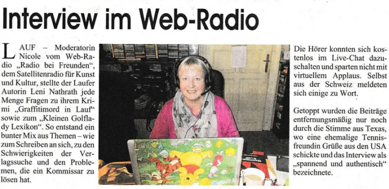 Laufer Autorin Leni Nathrath im Radio-Interview Bild: Laufer Autorin Leni Nathrath im Radio-Interview