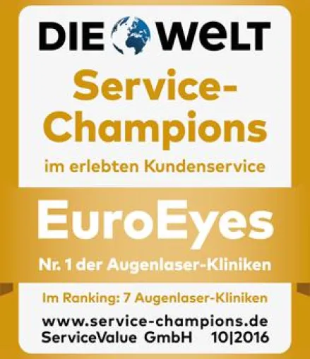 Bild: Service-Champion 2016: EuroEyes belegt Gold und ist Nr. 1 der Kategorie Augenlaser-Kliniken