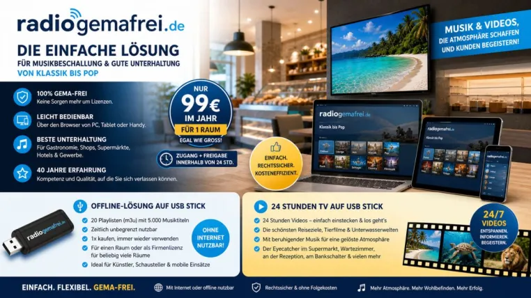 Bild: Radiogemafrei.de: Die einfache und rechtssichere Lösung für gute Musikbeschallung und visuelle Unterhaltung