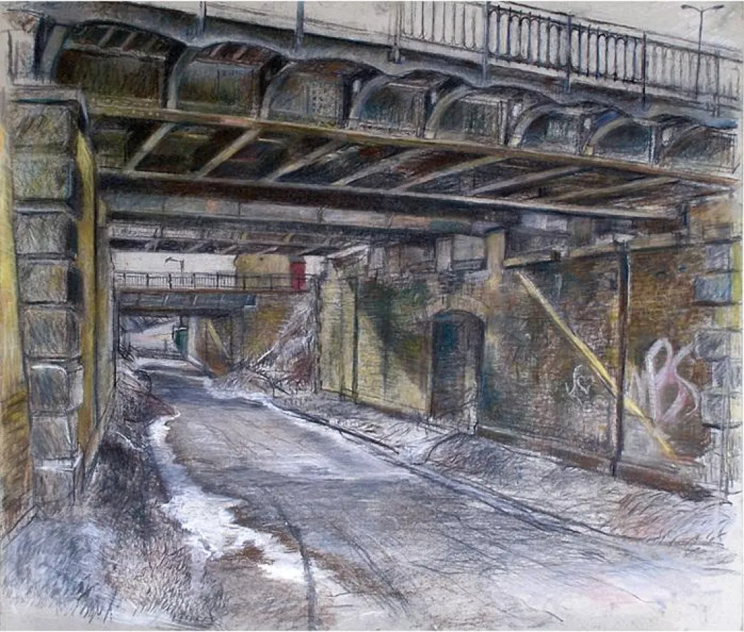 Kurt Dornis, Zwei Eisenbahnbrücken (Lützschena), Pastell auf Pappe, 2008