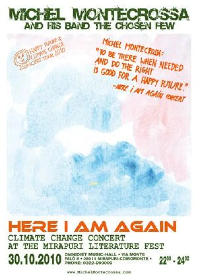 Konzertplakat des im Rahmen des Mirapuri Literaturfest stattfindenden 'Here I Am Again' Concert von Michel Montecrossa