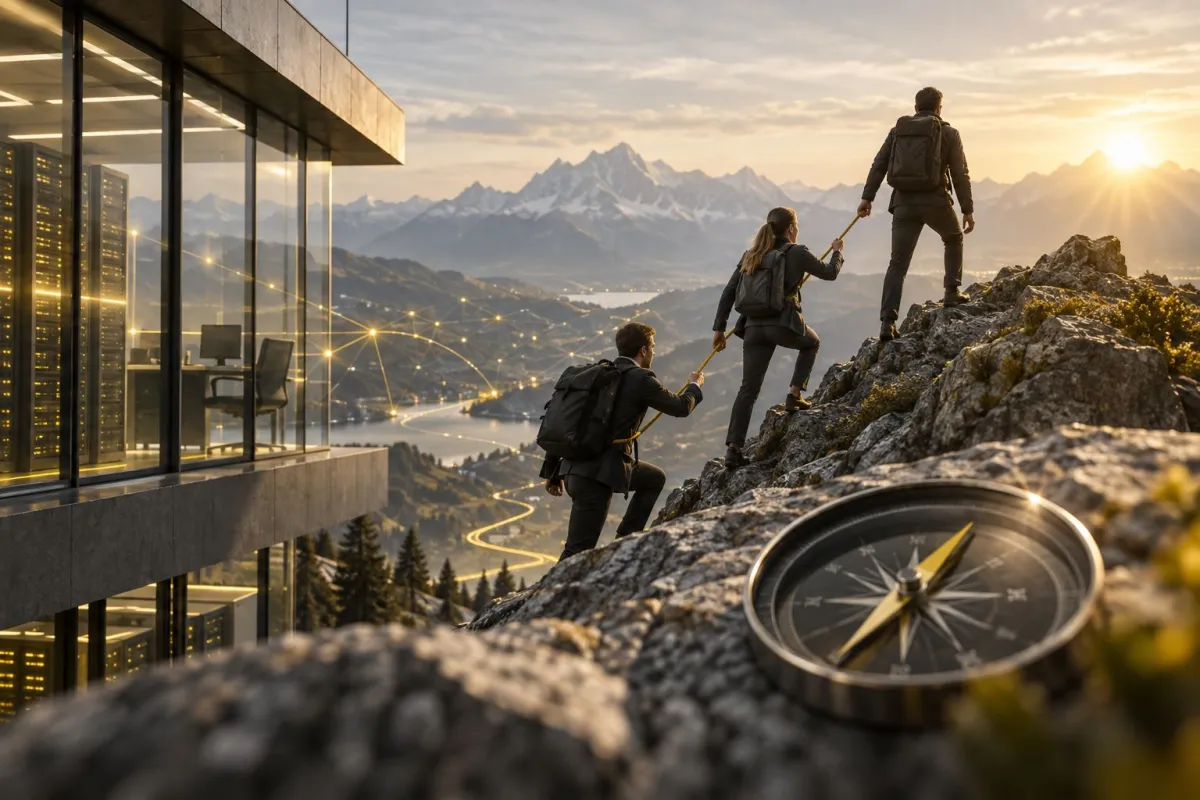 Bergsteiger, IT-Infrastruktur und Kompass stehen für Orientierung und Wachstum. (© CONFIDEX | Symbolbild)