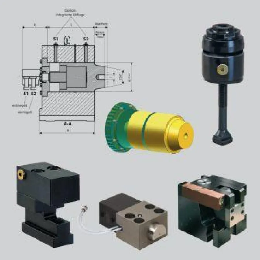 Spannelemente für Windkraftanlagen (von oben Mitte ausgehend im Uhrzeigersinn): Rotorverriegelung, Hohlkolbenzylinder, Einschubspannelement, Keilspanner, Block-Spannpratze (Foto: Hilma).