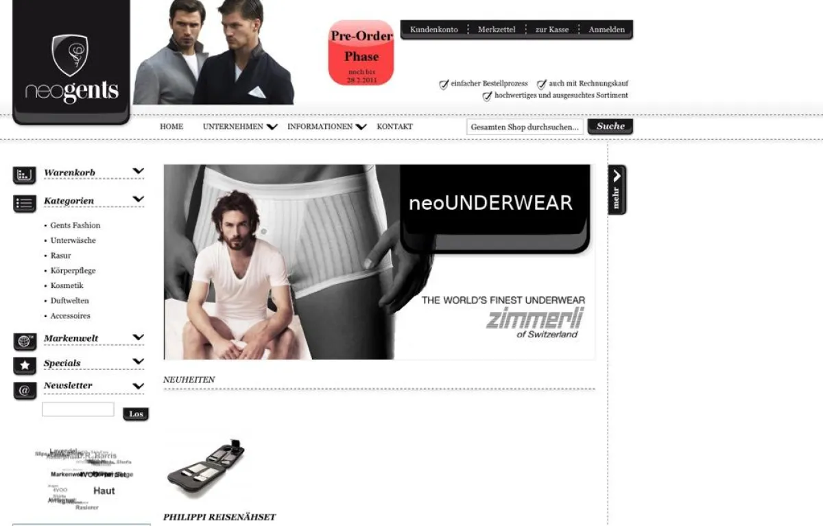 Startseite des Herren Online-Shops neogents