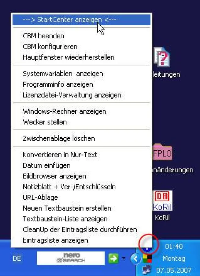 Die Hauptfunktionen stellt ClipboardManager über das anpassbare Kontextmenü des blauen Icons in der TrayBar bereit.