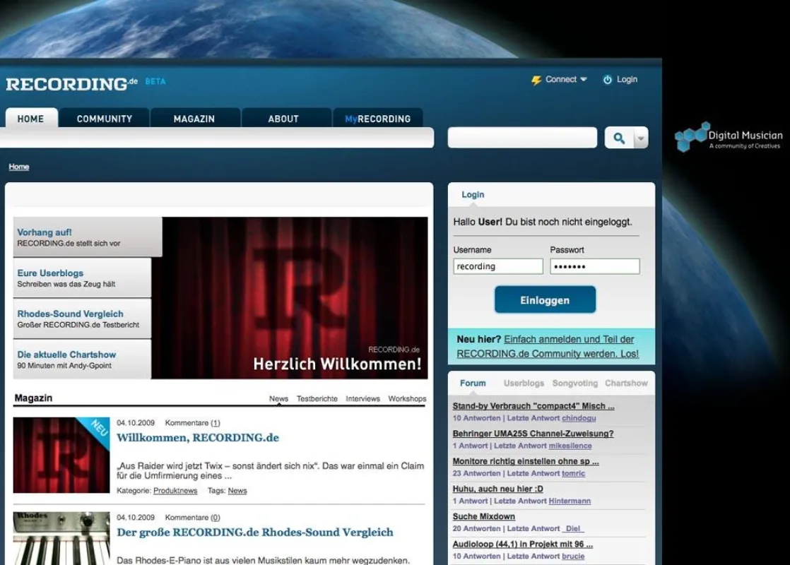 Screenshot der Startseite von RECORDING.de