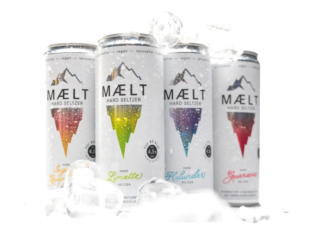 MAELT Hard Seltzer gibt es in vier Sorten - alle spritzig, frisch und mit 4,5 % Alkohol. (© MAELT HS GmbH)