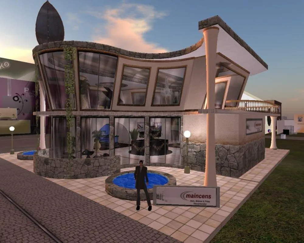 Maincens Gebäude in Second Life - der Avatar Lawrence Dollinger begrüsst Sie gern persönlich