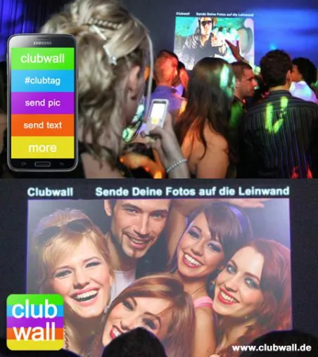 Mit der neuen Clubwall Fotos vom Smartphone auf die Beamer-Leinwand posten – Partys und Events interaktiv Bild: Mit der neuen Clubwall Fotos vom Smartphone auf die Beamer-Leinwand posten – Partys und Events interaktiv