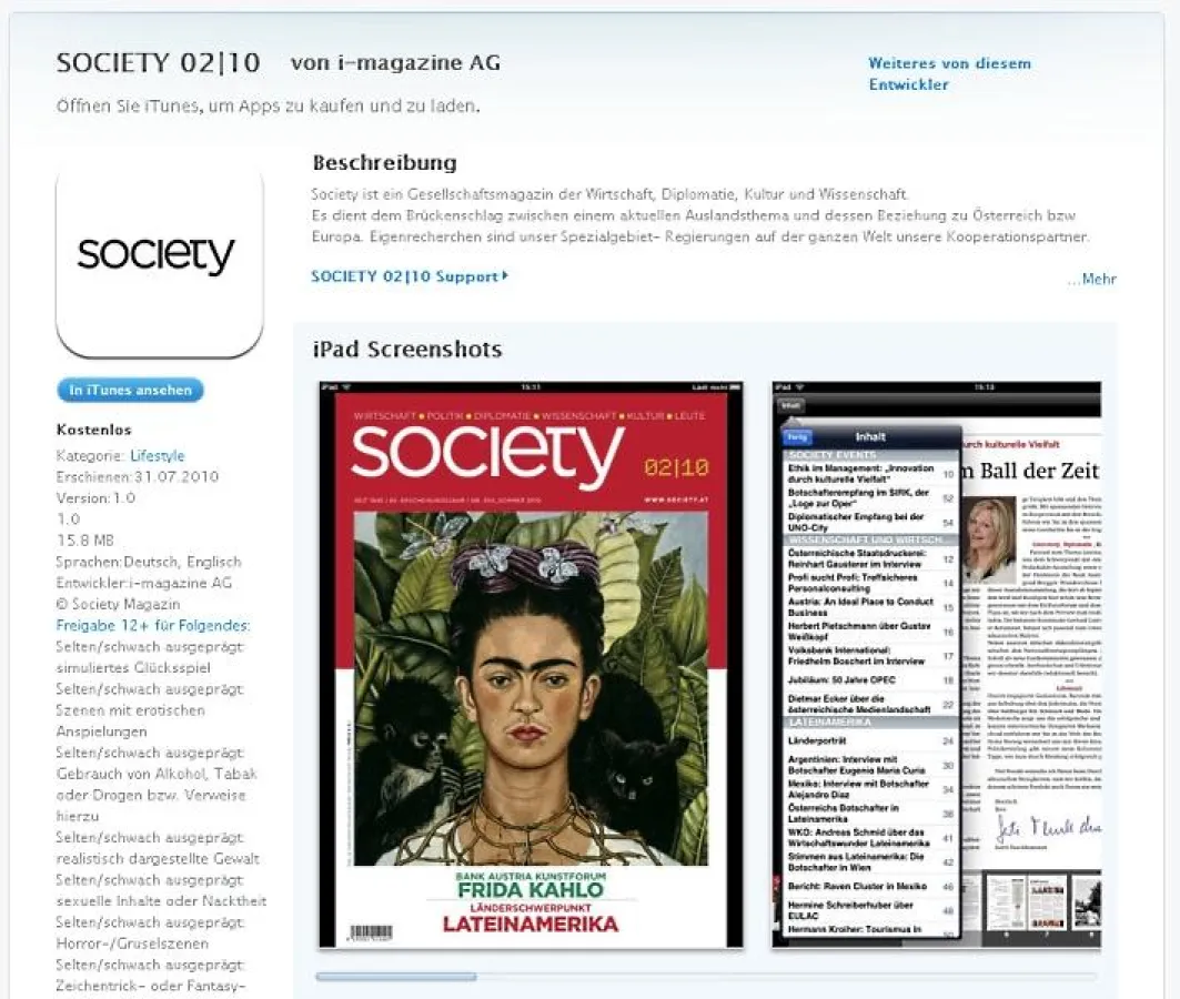 Das Magazin Society als iPad Ausgabe