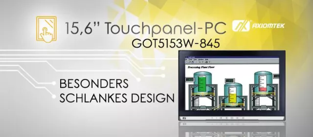 AXIOMTEKs lüfterloser 15,6-Zoll Touchpanel-PC in schlankem Design für beengte Platzverhältnisse – GOT5153W-845 Bild: AXIOMTEKs lüfterloser 15,6-Zoll Touchpanel-PC in schlankem Design für beengte Platzverhältnisse – GOT5153W-845