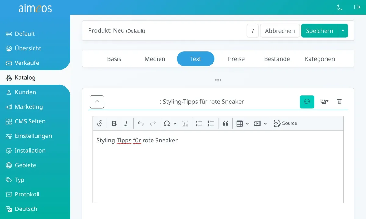 Aimeos Administrationsoberfläche mit ChatGPT und DeepL Integration