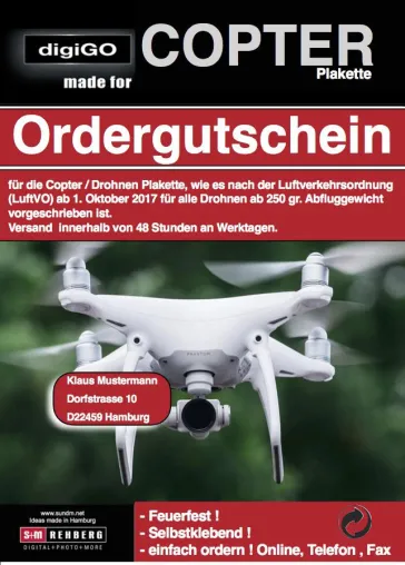 Bild: digiGo: Die feuerbeständige Copter-Plakette von S+M Rehberg