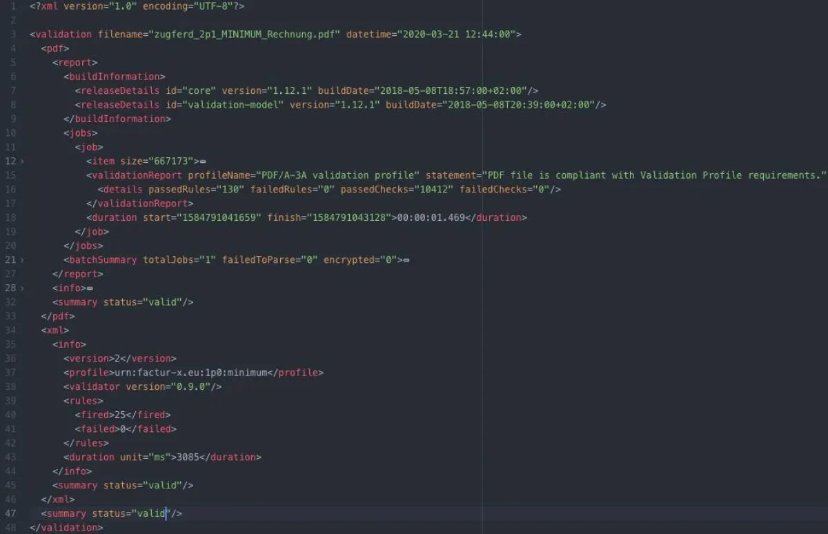 Screenshot der XML-Ergebnisdatei einer ZUV-Validierung im Texteditor Atom