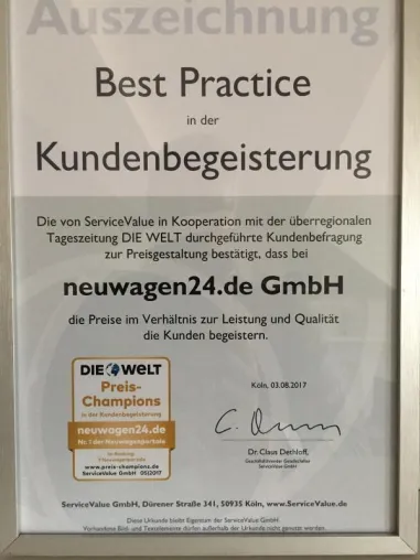 neuwagen24.de erhält Auszeichnung als Deutschlands bestes Portal für Neuwagen Bild: neuwagen24.de erhält Auszeichnung als Deutschlands bestes Portal für Neuwagen