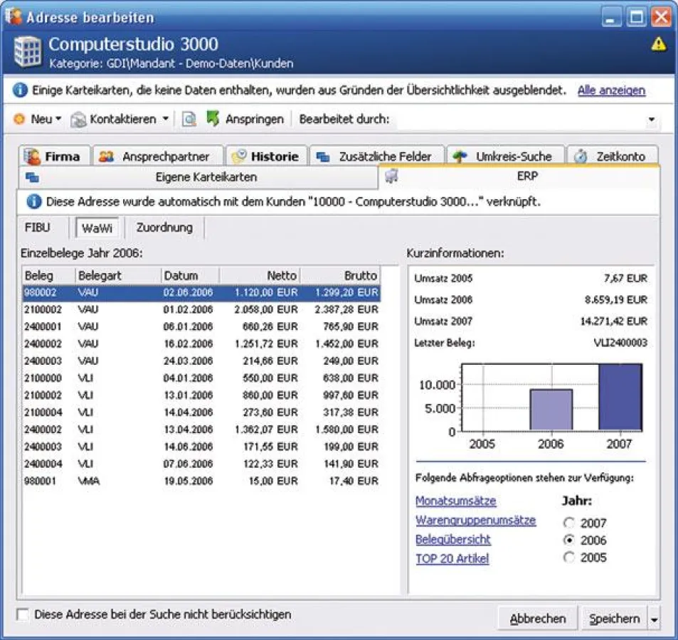 Das Bild zeigt, wie die Umsätze eines Kunden aus der GDI-Warenwirtschaft direkt in im CRM-Modul angezeigt werden. Auch die Warengruppenumsätze und die TOP 20 Artikel eines Kunden sowie eine Belegübers