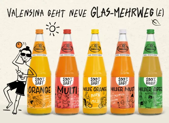 Bild: Bunt, farbenfroh und mit erfrischender Botschaft:  Valensina setzt auf Fruchtsäfte in Mehrweg-Glasflaschen