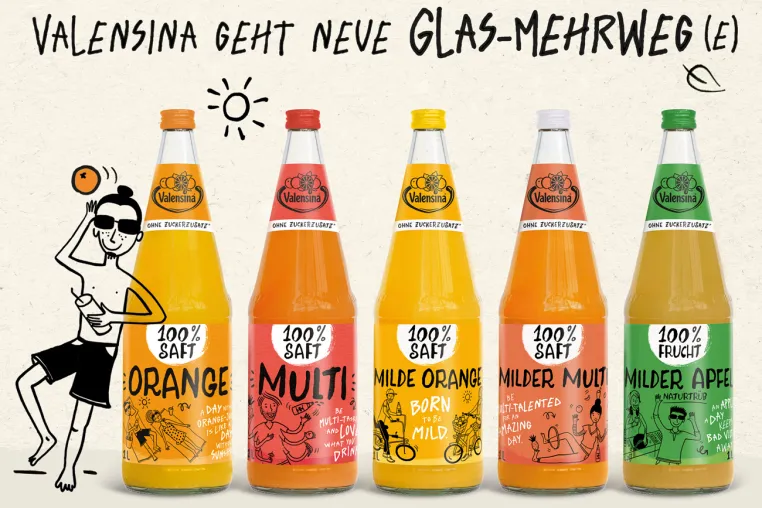 Bild: Bunt, farbenfroh und mit erfrischender Botschaft:  Valensina setzt auf Fruchtsäfte in Mehrweg-Glasflaschen