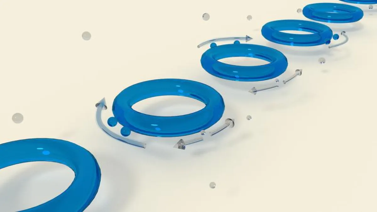 Mikroresonatoren (Ringe) zum Aufspüren kleinster Teilchen (durchsichtige Kugeln), Nanonadeln (blaue Kugeln) installieren exzeptionellen Punkt, Pfeile geben Richtung an, in der Licht gestreut wird (Bil