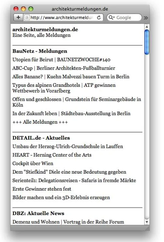 Screenshot: architekturmeldungen.de im Handy-Format