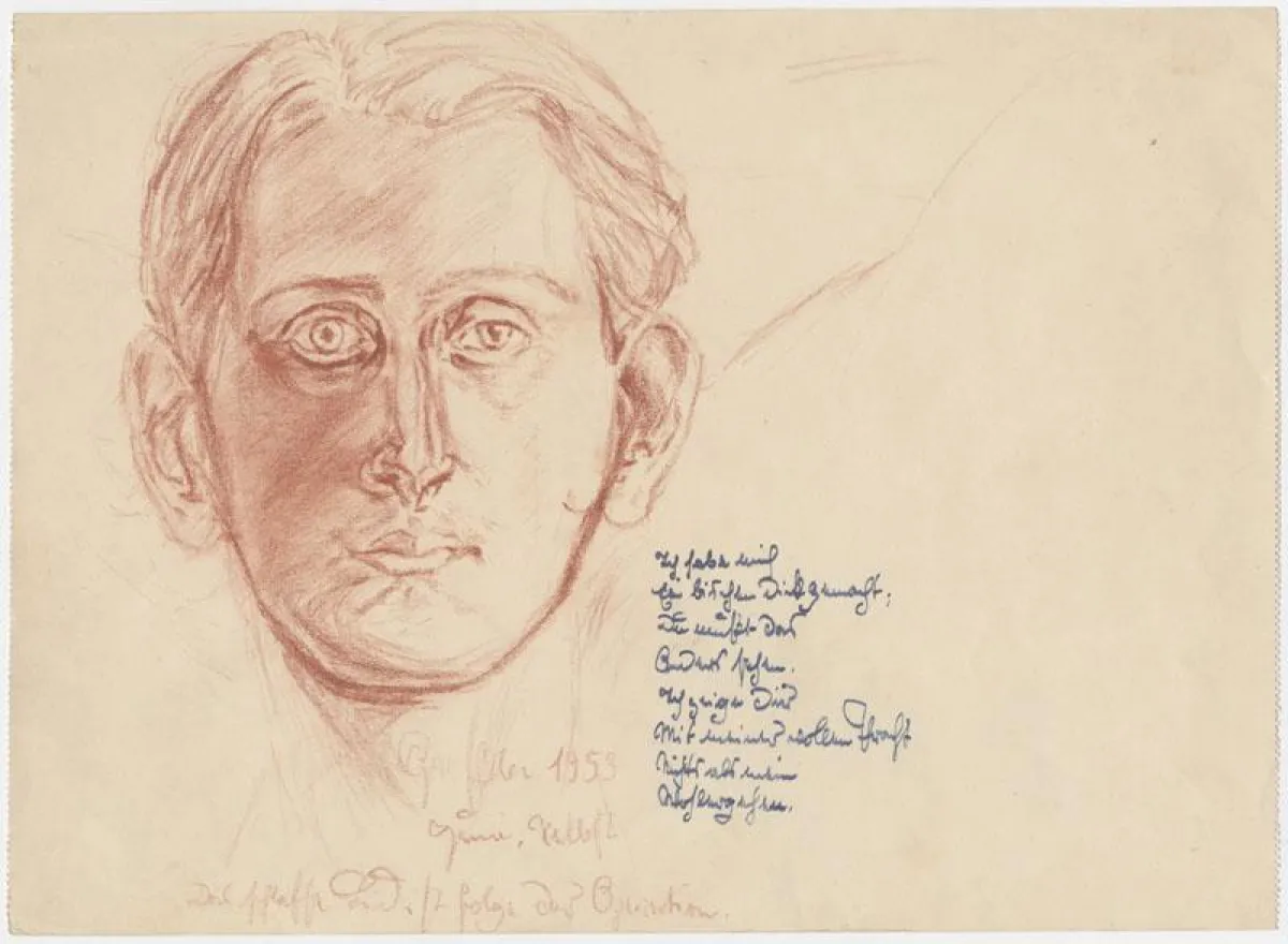 Zeichnung (Selbstportrait) und Text von Uwe Greßmann aus dem Jahre 1953