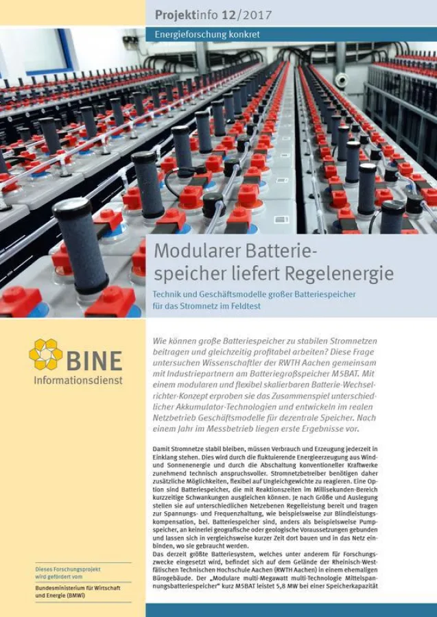 Das BINE-Projektinfo „Modularer Batteriespeicher liefert Regelenergie“ (© BINE Informationsdienst)