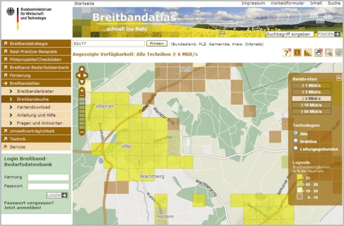 Breitbandverfügbarkeit für das PLZ-Gebiet 53177