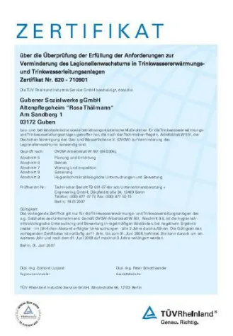 Bild: 1. TÜV-Zertifizierung „Legionellen-Prävention“