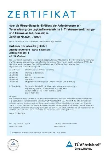 Bild: 1. TÜV-Zertifizierung „Legionellen-Prävention“
