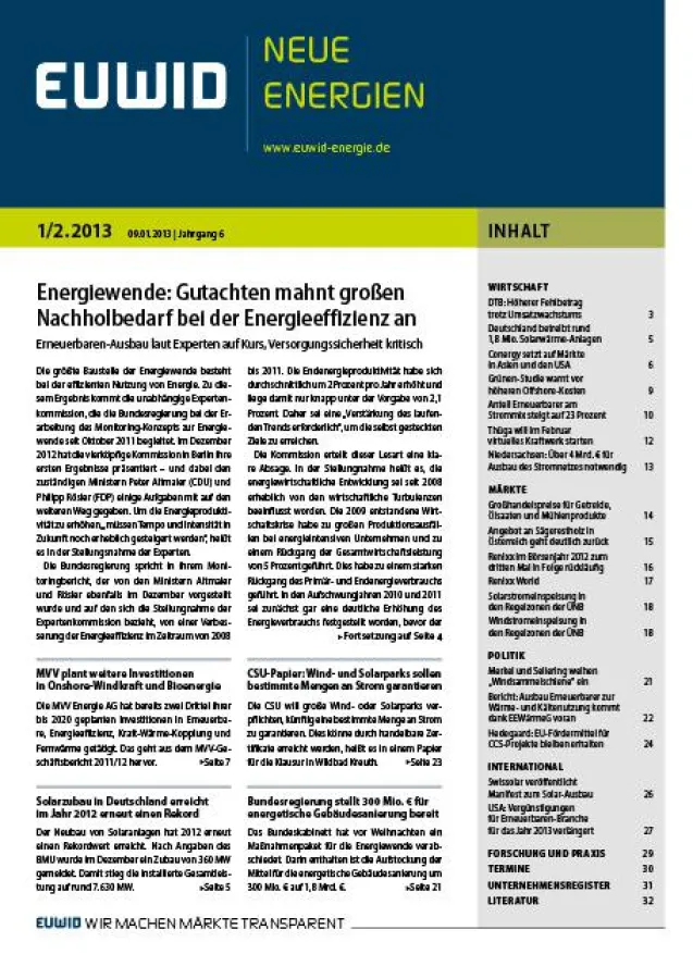 EUWID Neue Energien 1-2/2013 ist am 9. Januar erschienen und umfasst 113 Nachrichten und Berichte