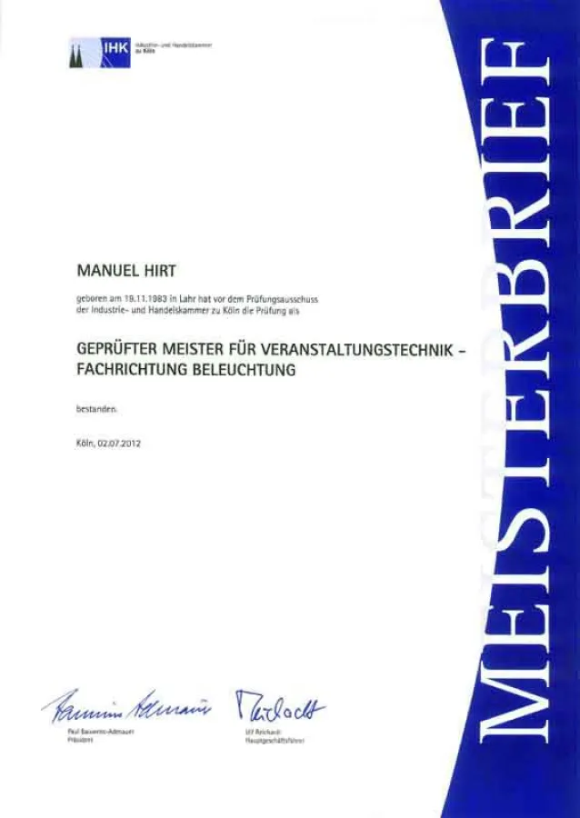 Meisterbrief (Foto: b&b eventtechnik)