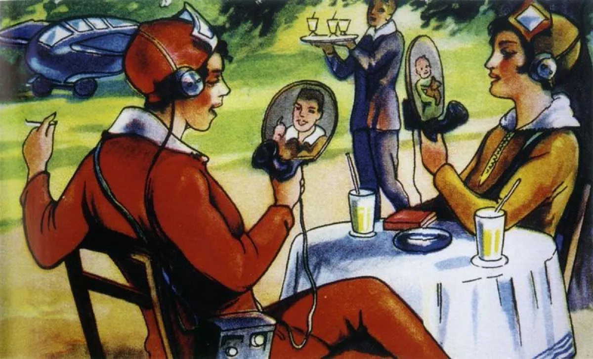Eine Technikzukunft aus der Vergangenheit: Ein Margarinehersteller warb 1930 mit dieser Vision der mondänen Frau der Zukunft beim mobilen Bildtelefonat.  (Bild: LWL-Freilichtmuseum Detmold)