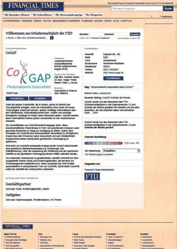 Screen-Shot der FTD-Website, die CoGAP als Gewinner verkündet. Quelle: http://enable.ftd.de/marktplatz/?action=details&user_id=