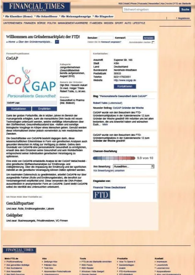 Screen-Shot der FTD-Website, die CoGAP als Gewinner verkündet. Quelle: http://enable.ftd.de/marktplatz/?action=details&user_id=