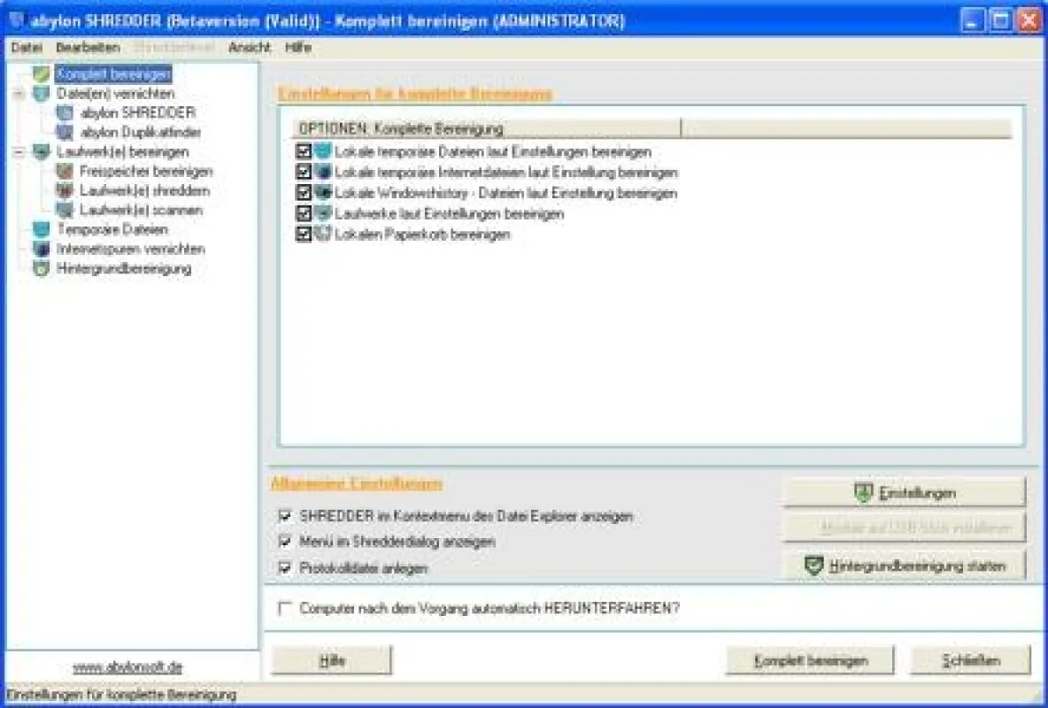 abylon SHREDDER Dialog -> Seite 