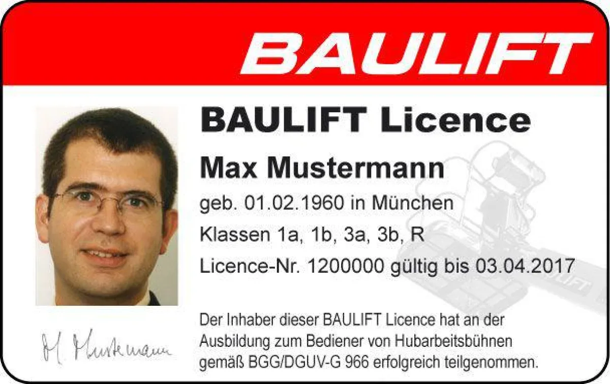 Die BAULIFT Licence zum Beleg der Unterweisung in das Bedienen von Arbeitsbühnen