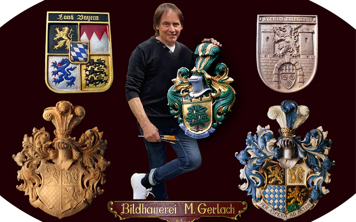 Handgeschnitzte heraldische Wappen von Bildhauermeister Manfred Gerlach – echte Unikate (© Bildhauerei Gerlach e.K. / Manfred Gerlach)