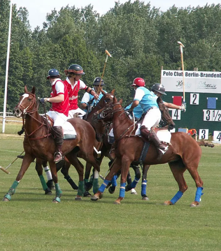 Kampf um den Ball zwischen den Teams König Pilsener und Chaugan bei der Deutschen Polomeisterschaft 2005