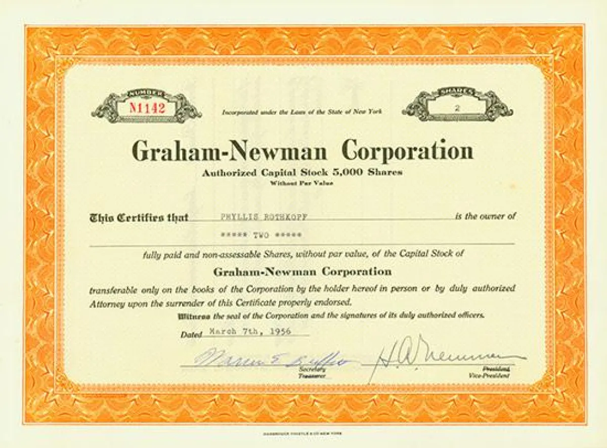 Graham-Newman Corporation stock certificate signed by Warren Buffett