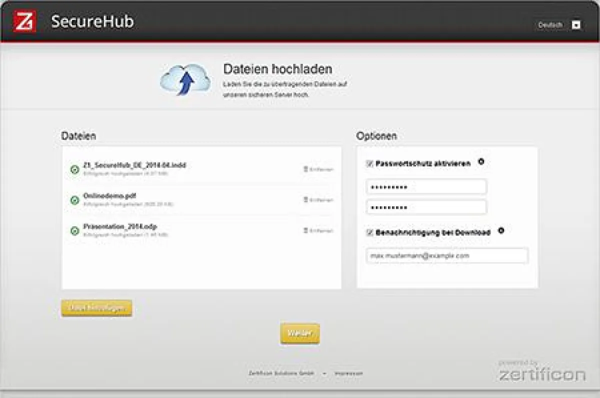 Z1 SecureHub Screenshot - mehrere Dateien hochladen