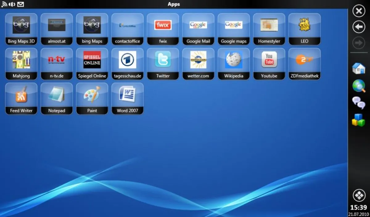 mirabyte FrontFace: Das Screenshot zeigt den App Starter, die Anwendung zum Starten von Apps, Web-Apps und Windows-Anwendungen