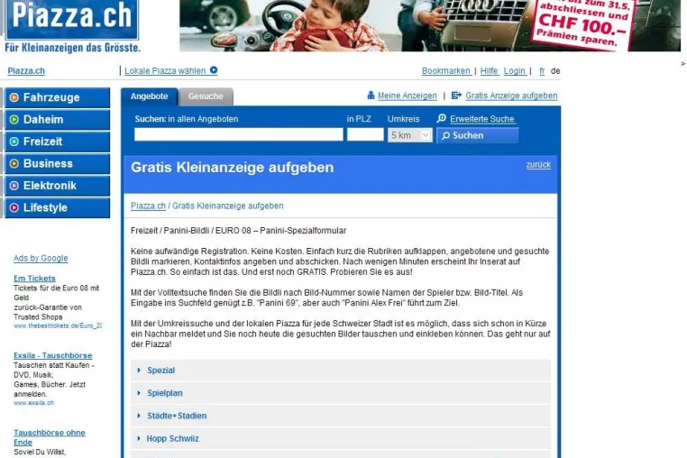 Piazza.ch lanciert neue Online-Tauschbörse der begehrten Panini EURO 08 Bildli Bild: Piazza.ch lanciert neue Online-Tauschbörse der begehrten Panini EURO 08 Bildli