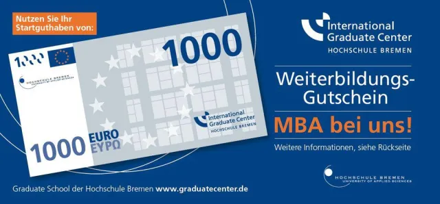 Hochschule Bremen vergibt Gutschein im Wert von 1.000 Euro für MBA Bild: Hochschule Bremen vergibt Gutschein im Wert von 1.000 Euro für MBA