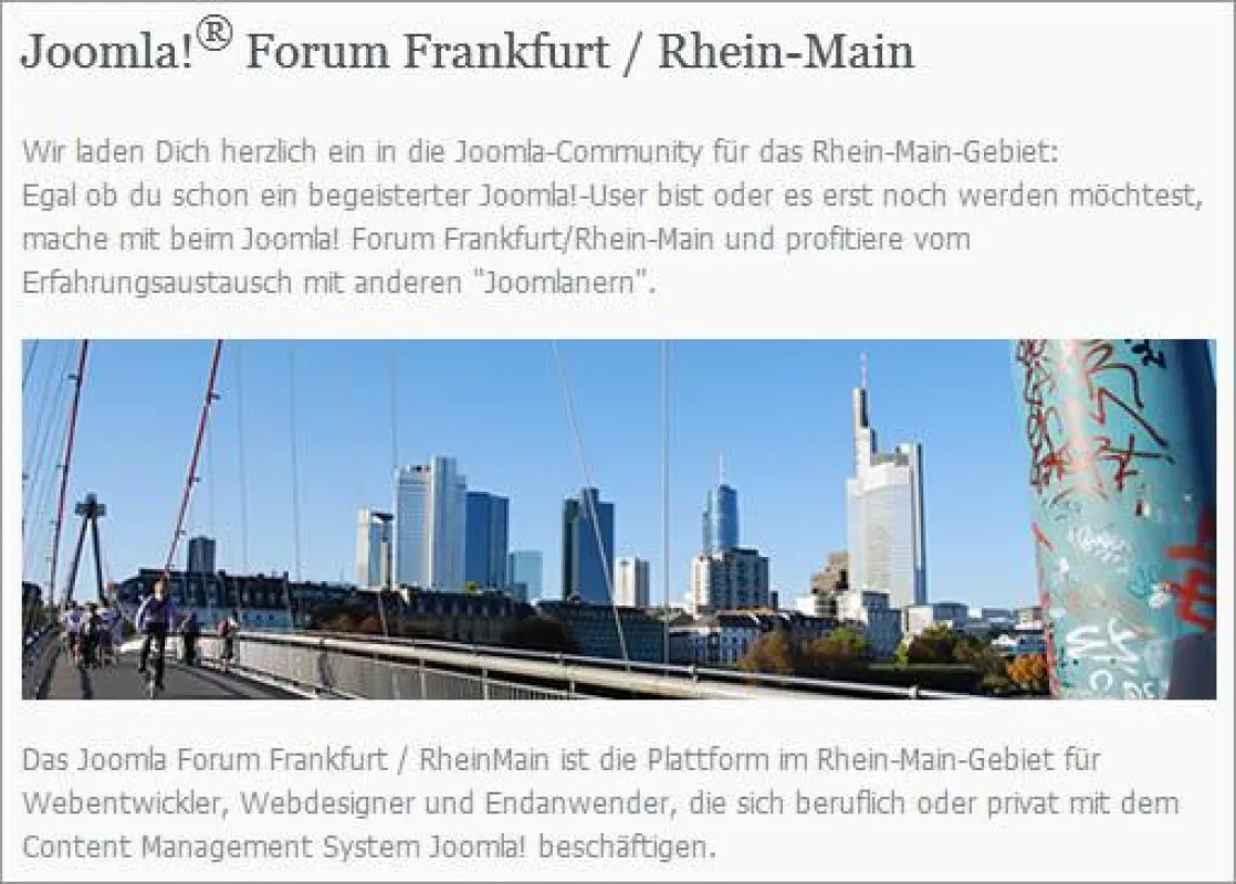 Am 20. April 2012 fand in Frankfurt das 2. Treffen des Joomla Forum Frankfurt / Rhein-Main statt.