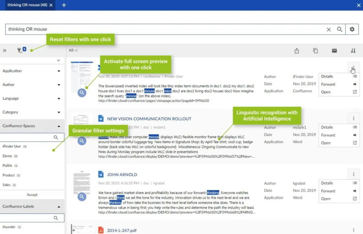 Die Oberfläche von iFinder Confluence Search liefert schnell die gesuchten Informationen.