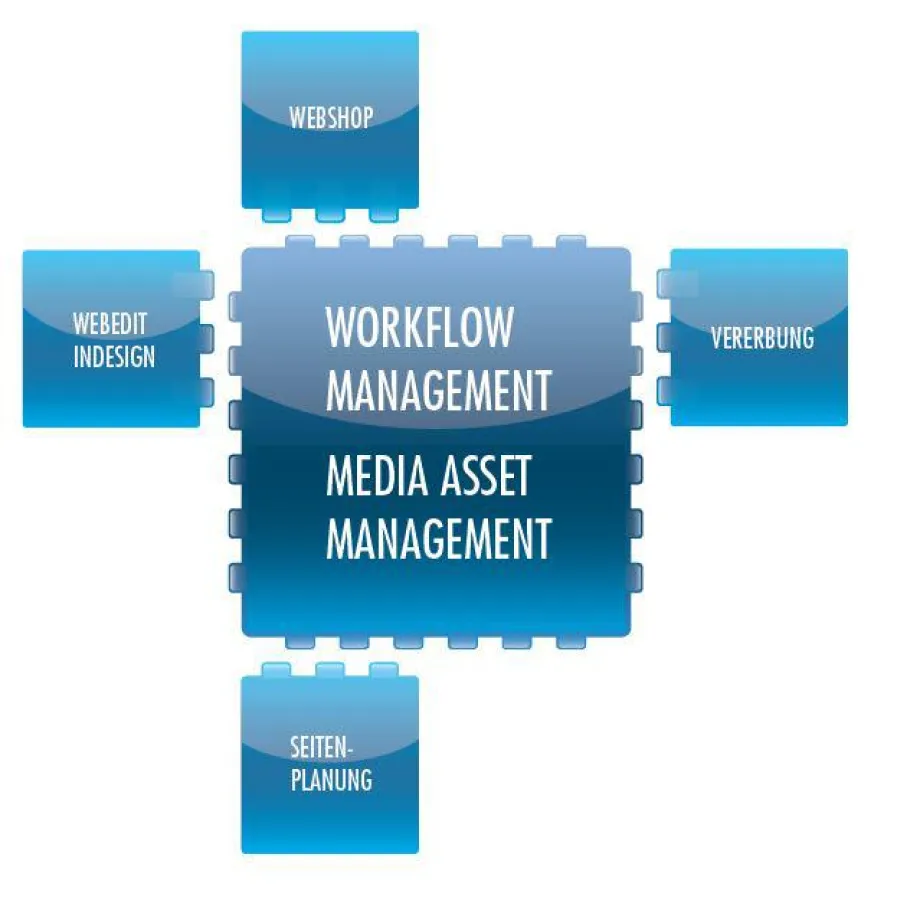Die sechs Module von CODIN® für eine effiziente Abwicklung Ihrer Medienproduktion.
