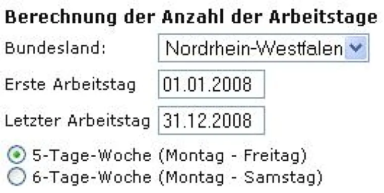 Bild: Online-Tool zur Berechnung der Arbeitstage