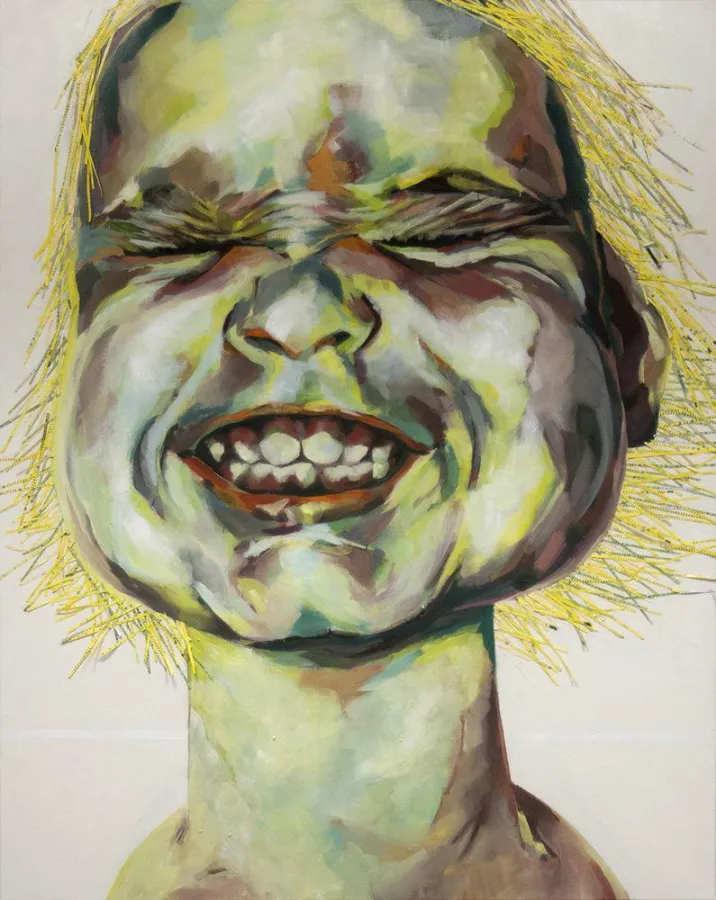 Tina Wohlfarth . Großer Kindskopf . Öl/Collage auf Leinwand . 150 x 120 cm